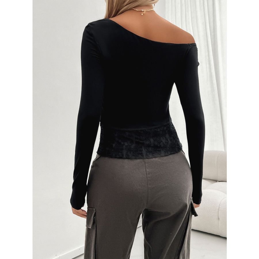 Single Shoulder Long Sleeve Lace T-Shirt Apparel and Accessories