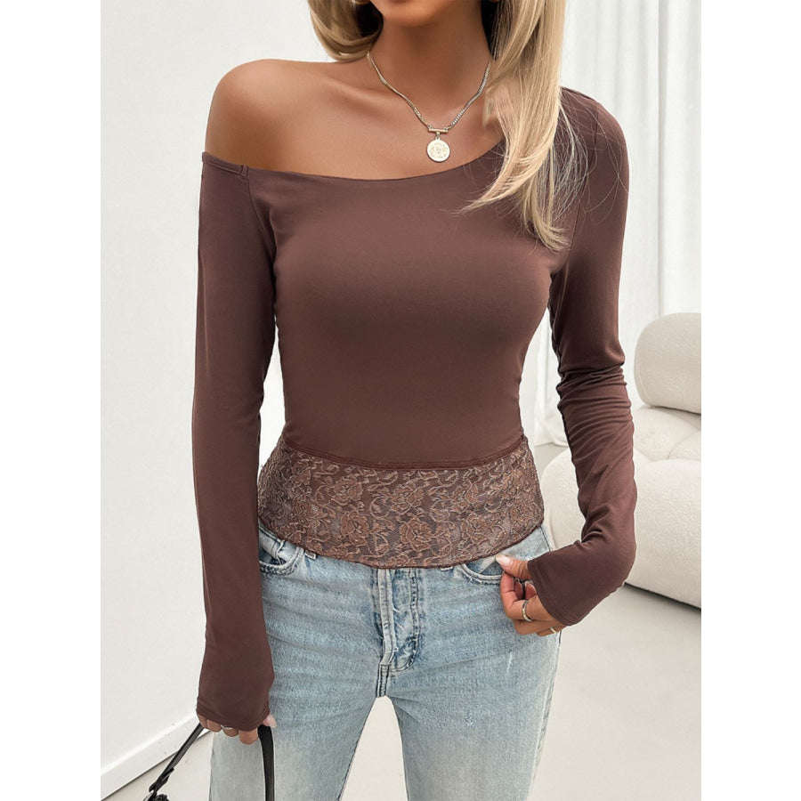 Single Shoulder Long Sleeve Lace T-Shirt Brown / S Apparel and Accessories