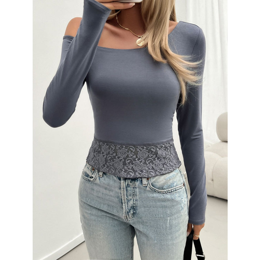 Single Shoulder Long Sleeve Lace T-Shirt Dusty Blue / S Apparel and Accessories