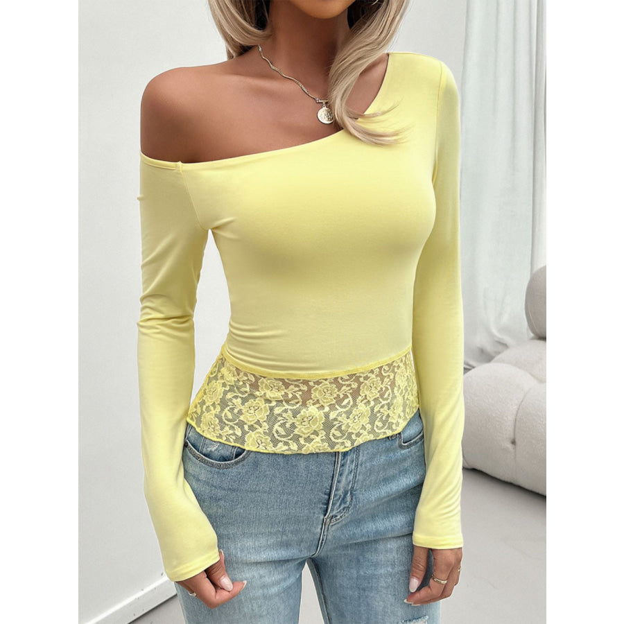 Single Shoulder Long Sleeve Lace T-Shirt Light Yellow / S Apparel and Accessories