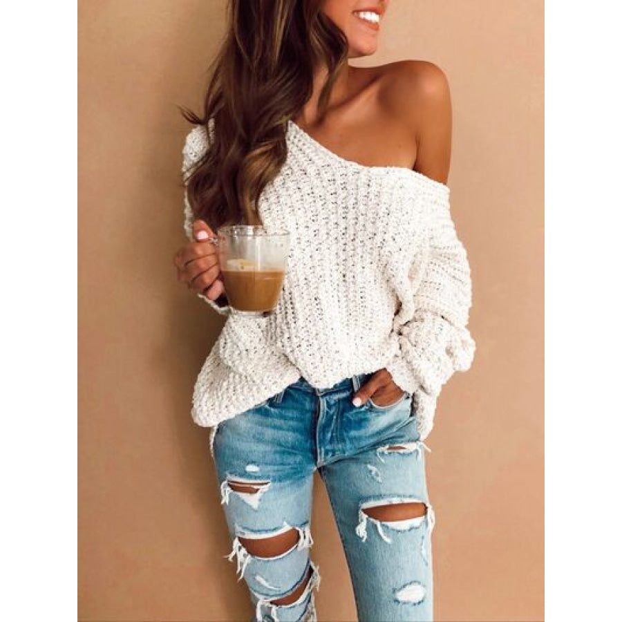 Single Shoulder Long Sleeve Sweater White / S Apparel and Accessories