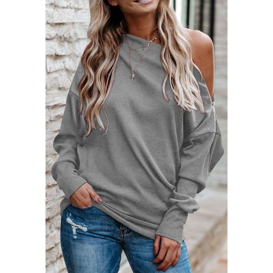 Single Shoulder Long Sleeve Sweatshirt with Zip Gray / S Apparel and Accessories