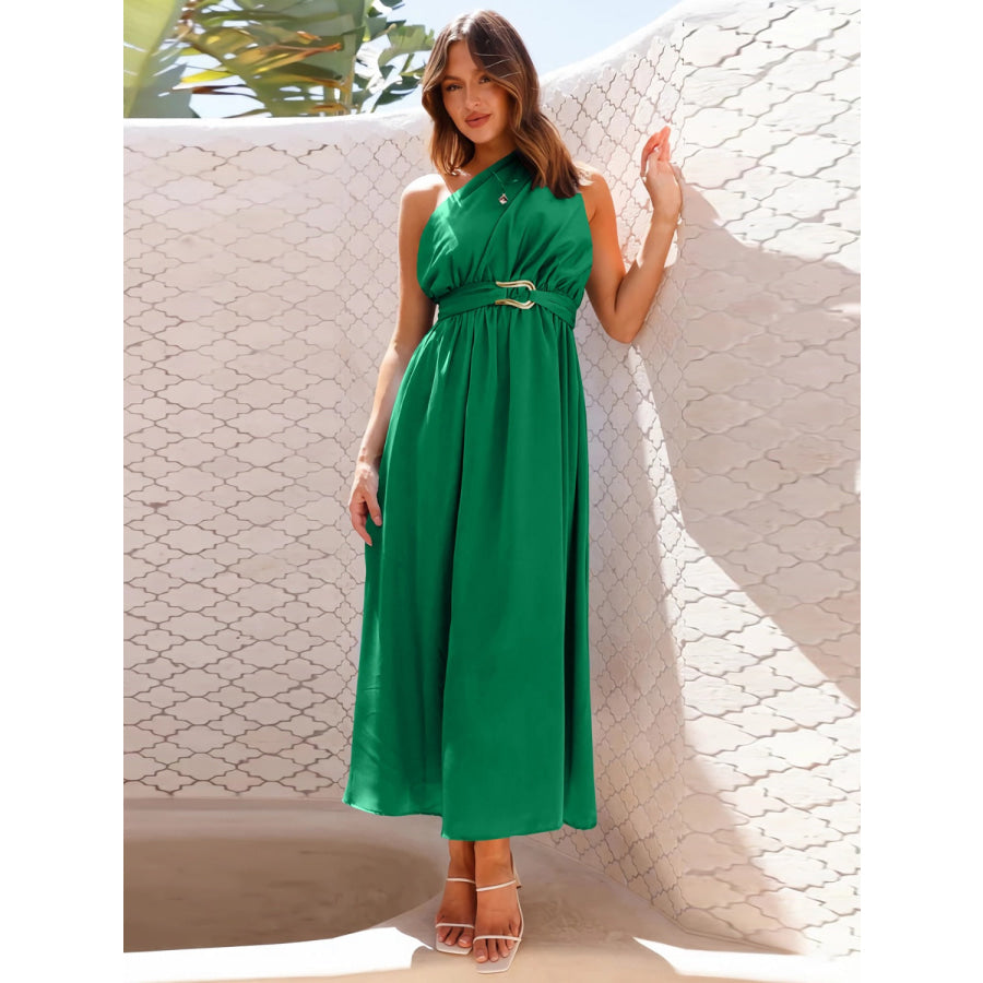 Single Shoulder Midi Dress Dark Green / S Apparel and Accessories