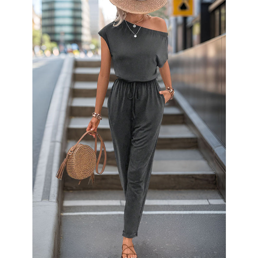 Single Shoulder Short Sleeve Jumpsuit Dark Gray / S Apparel and Accessories