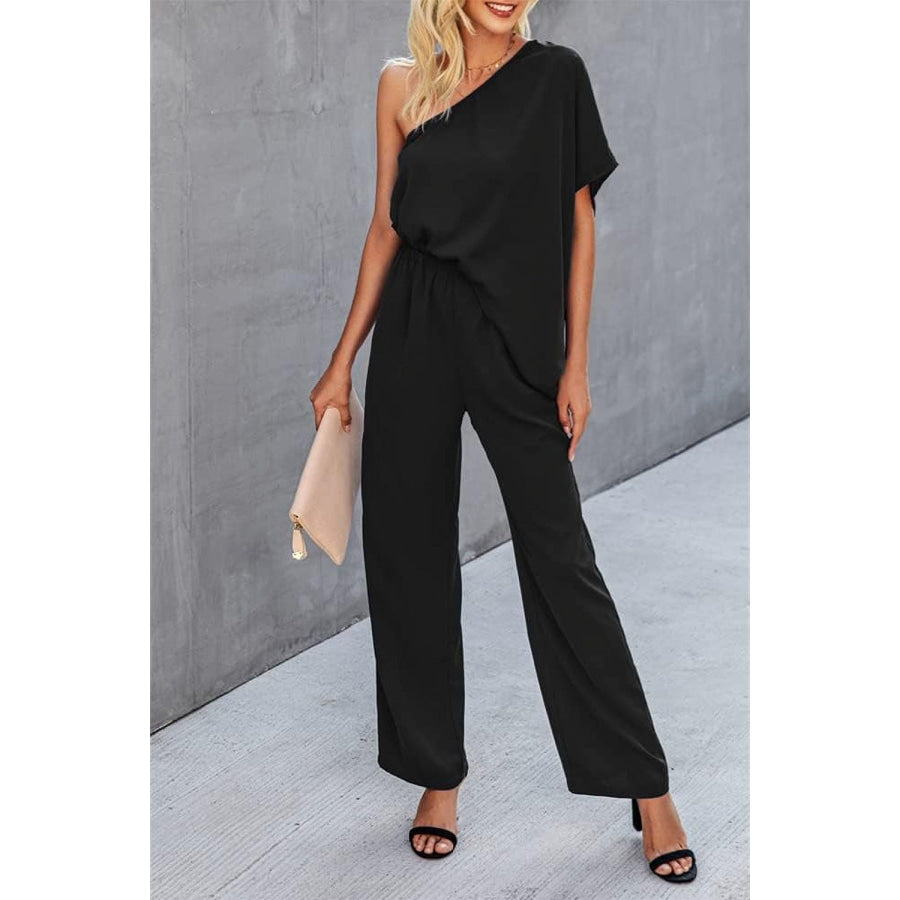 Single Shoulder Short Sleeve Jumpsuit Black / S Apparel and Accessories