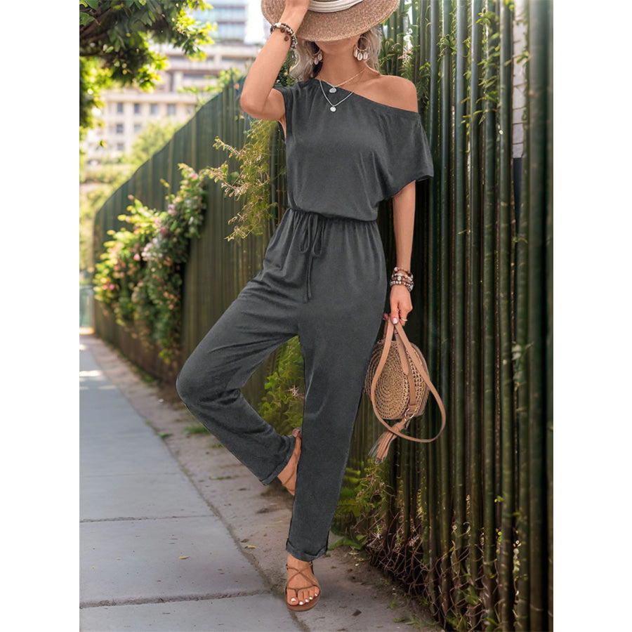 Single Shoulder Short Sleeve Jumpsuit Dark Gray / S Apparel and Accessories