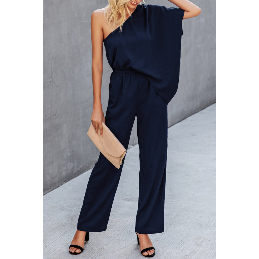 Single Shoulder Short Sleeve Jumpsuit Navy / S Apparel and Accessories
