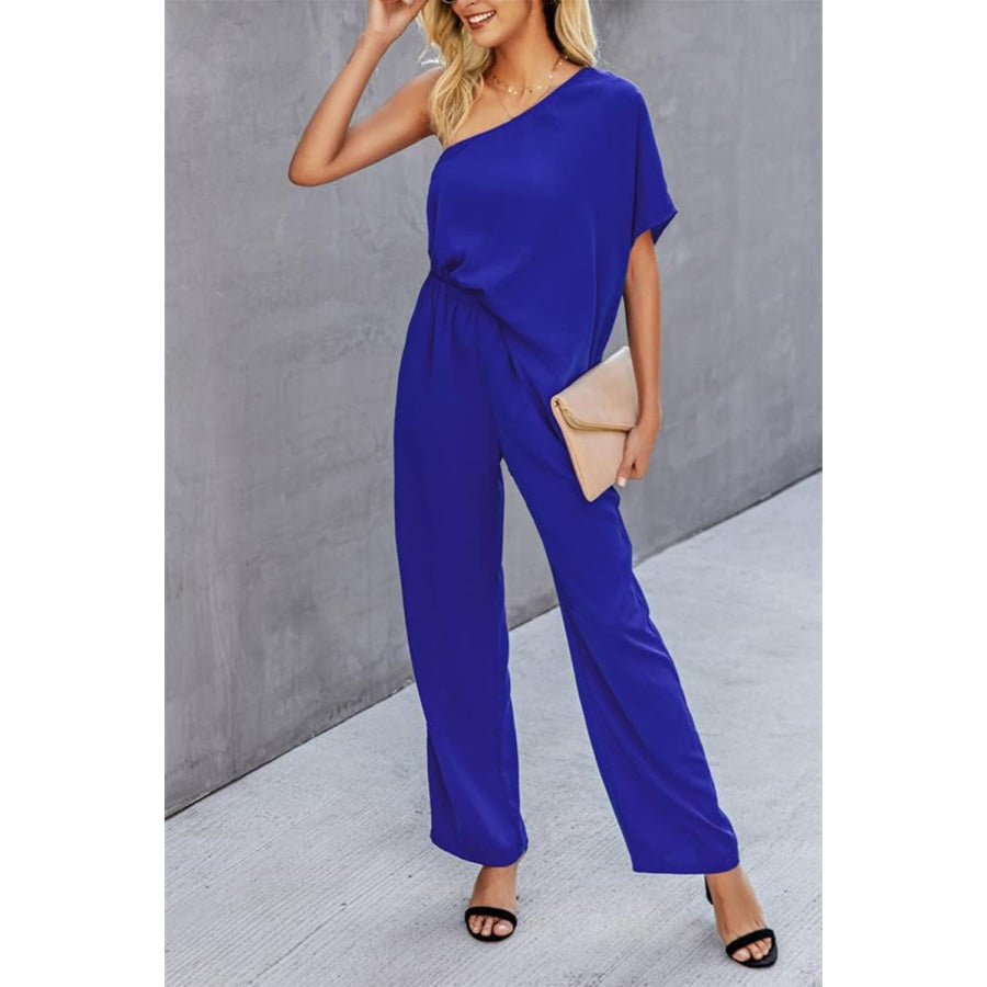 Single Shoulder Short Sleeve Jumpsuit Royal Blue / S Apparel and Accessories