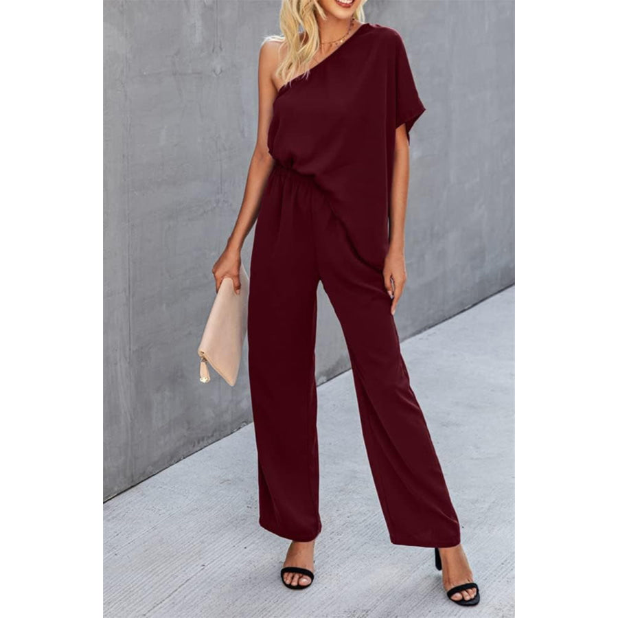 Single Shoulder Short Sleeve Jumpsuit Wine / S Apparel and Accessories