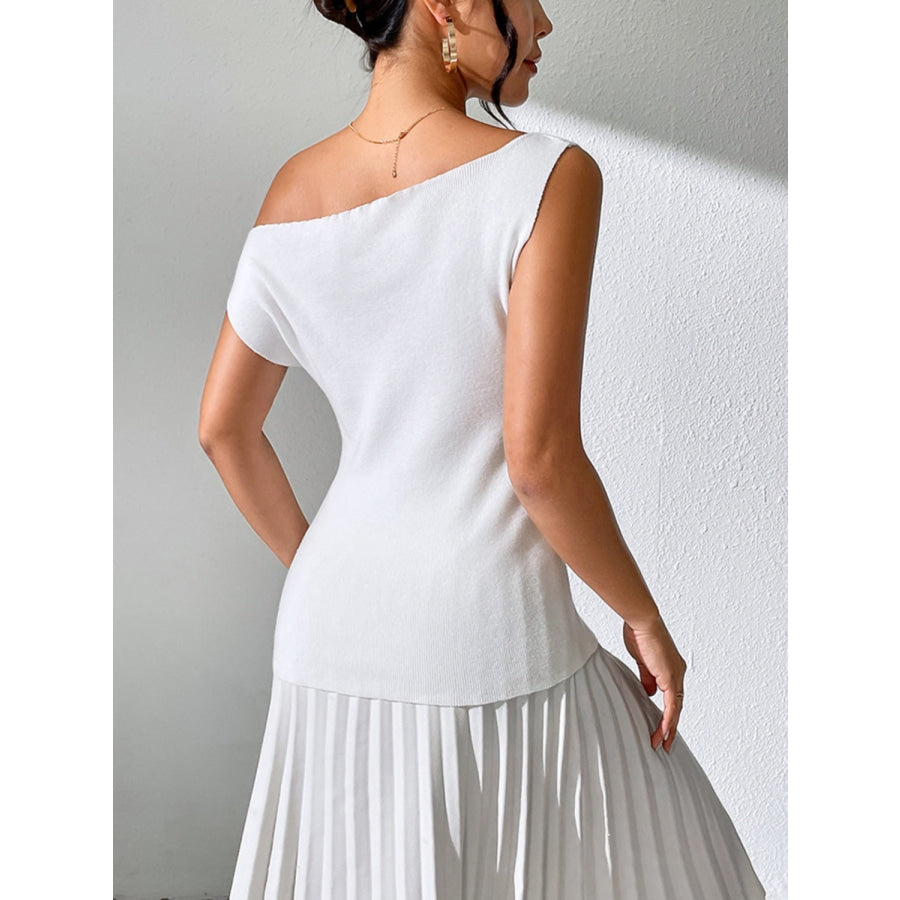 Single Shoulder Short Sleeve Knit Top White / S Apparel and Accessories