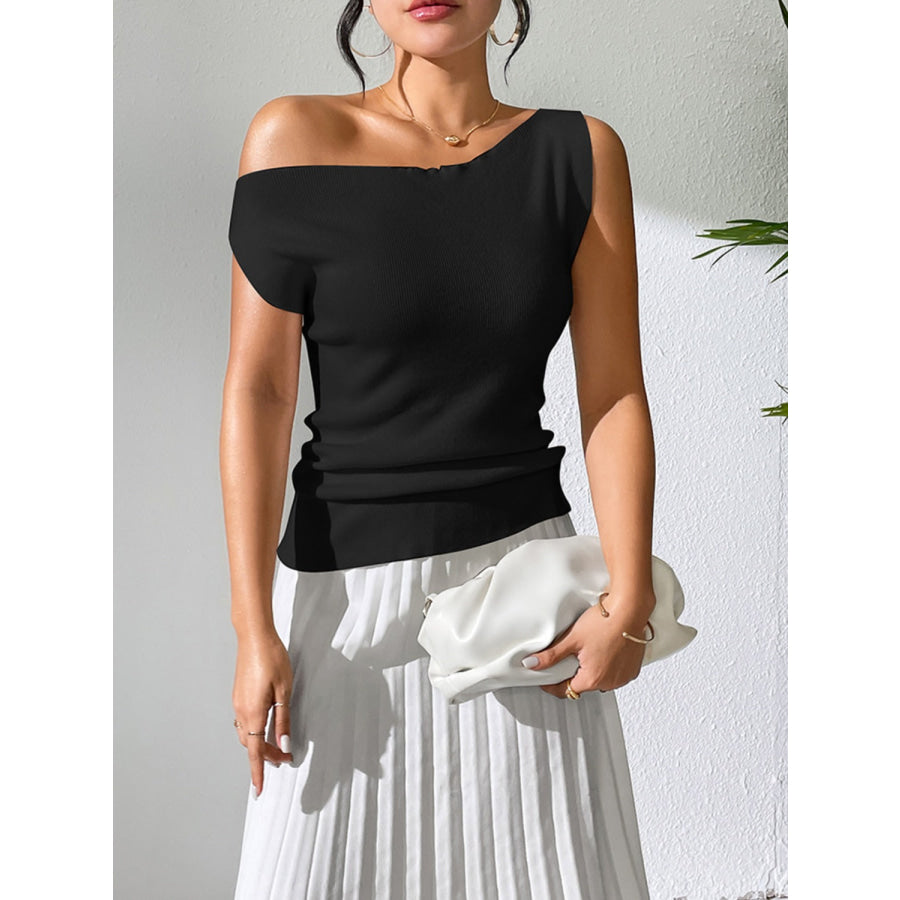 Single Shoulder Short Sleeve Knit Top Black / S Apparel and Accessories