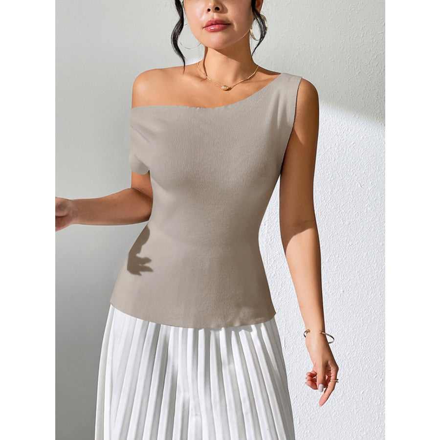 Single Shoulder Short Sleeve Knit Top Mocha / S Apparel and Accessories
