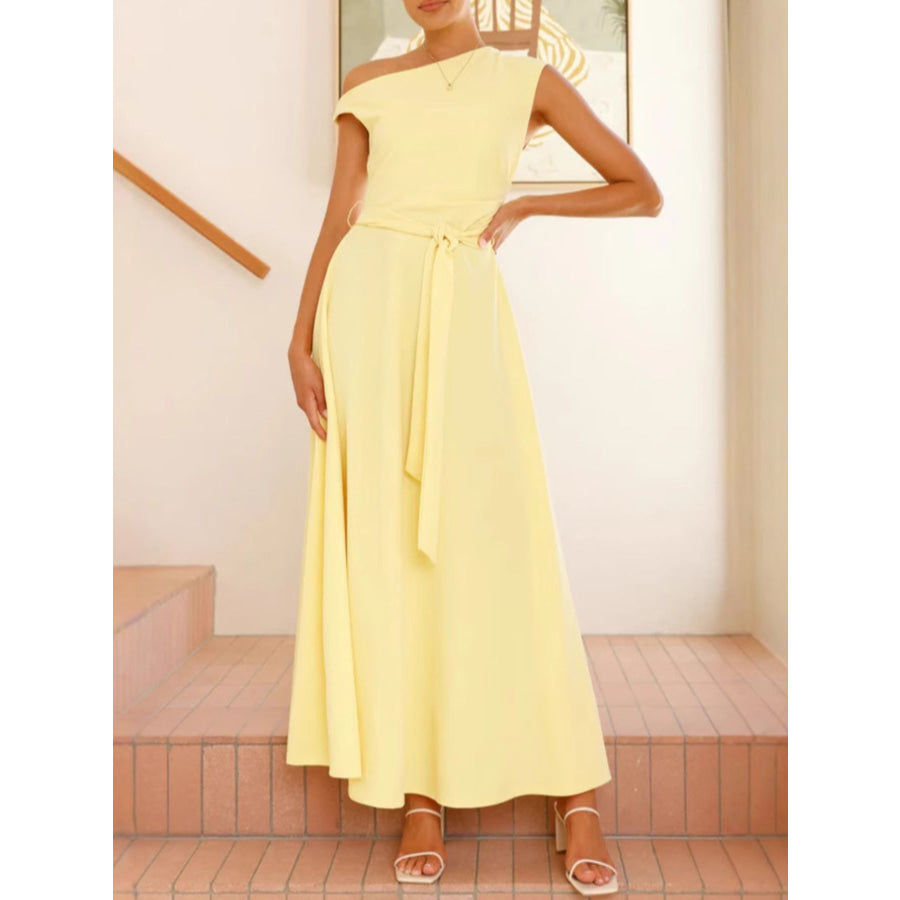 Single Shoulder Tie Waist Maxi Dress Apparel and Accessories