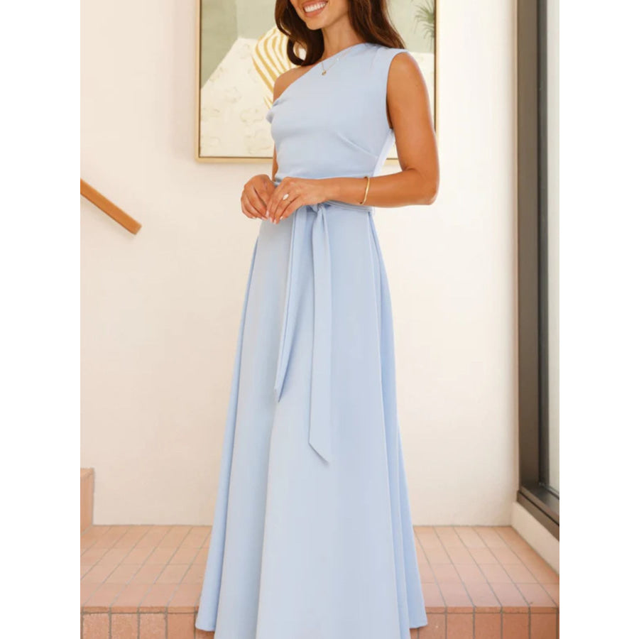 Single Shoulder Tie Waist Maxi Dress Apparel and Accessories