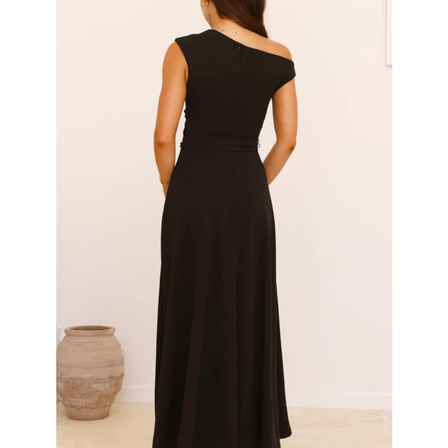 Single Shoulder Tie Waist Maxi Dress Apparel and Accessories