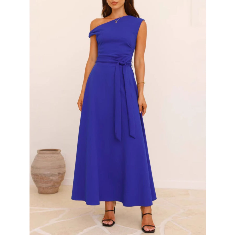 Single Shoulder Tie Waist Maxi Dress Apparel and Accessories