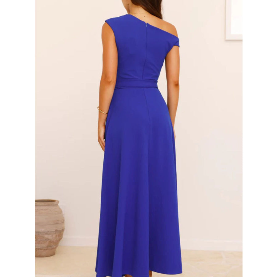 Single Shoulder Tie Waist Maxi Dress Apparel and Accessories
