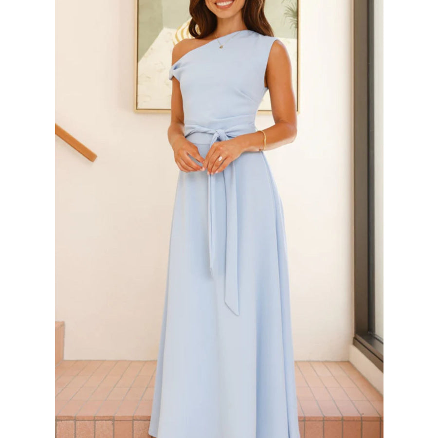 Single Shoulder Tie Waist Maxi Dress Apparel and Accessories
