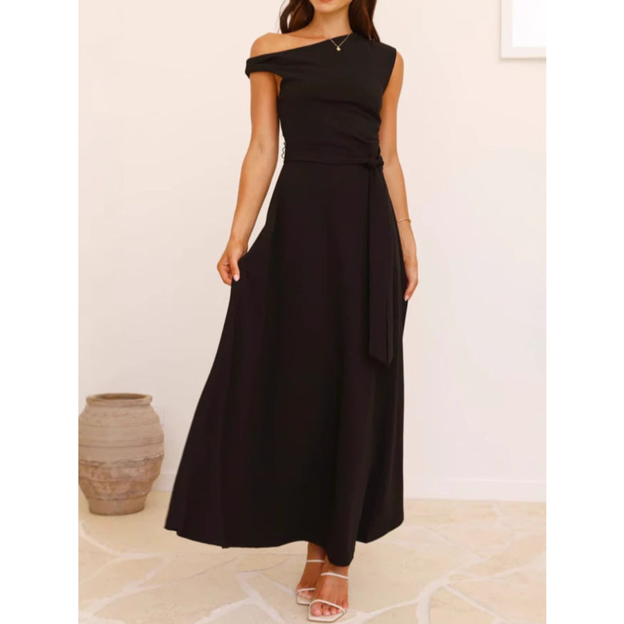 Single Shoulder Tie Waist Maxi Dress Apparel and Accessories