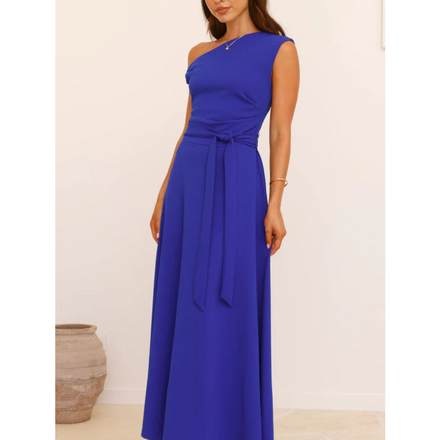 Single Shoulder Tie Waist Maxi Dress Apparel and Accessories