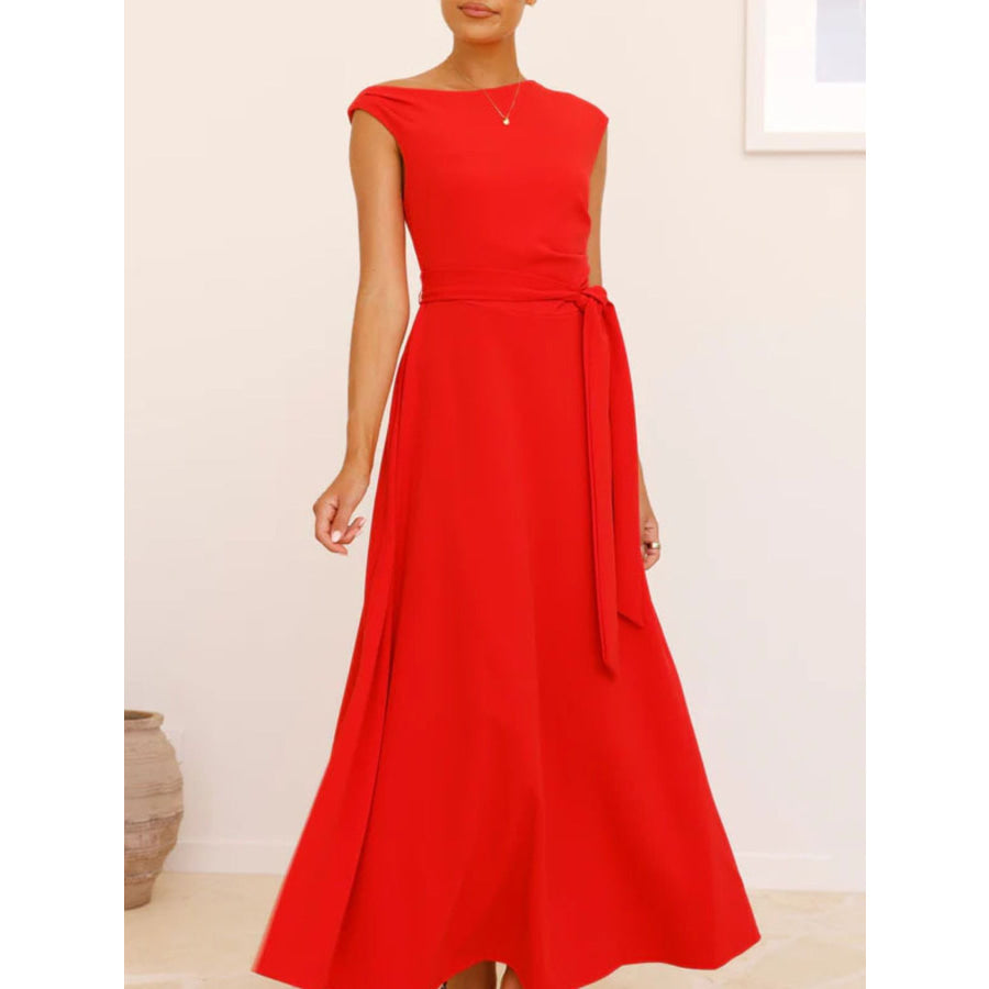 Single Shoulder Tie Waist Maxi Dress Apparel and Accessories