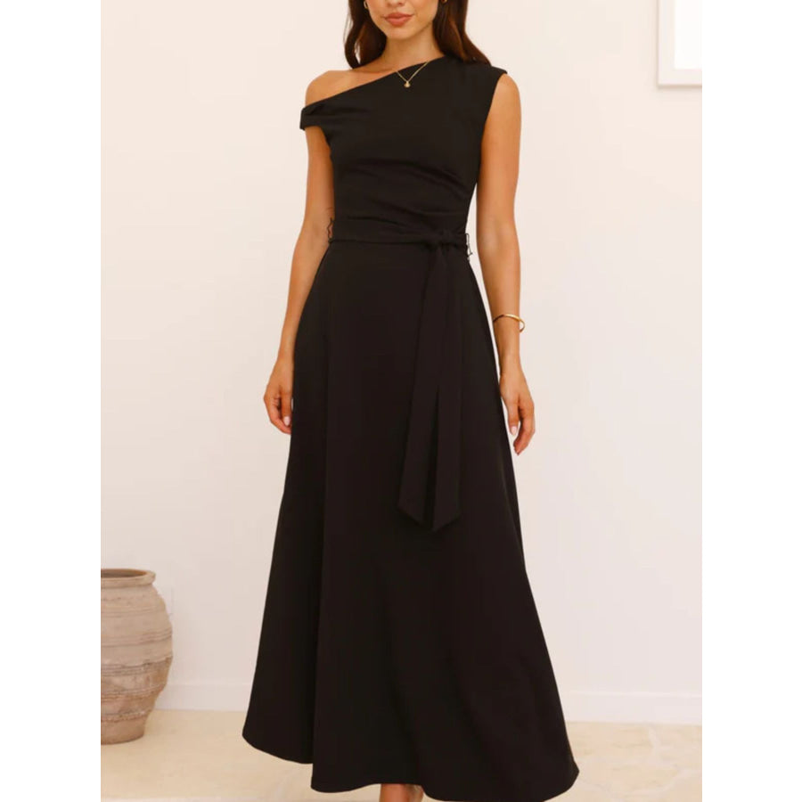 Single Shoulder Tie Waist Maxi Dress Black / S Apparel and Accessories