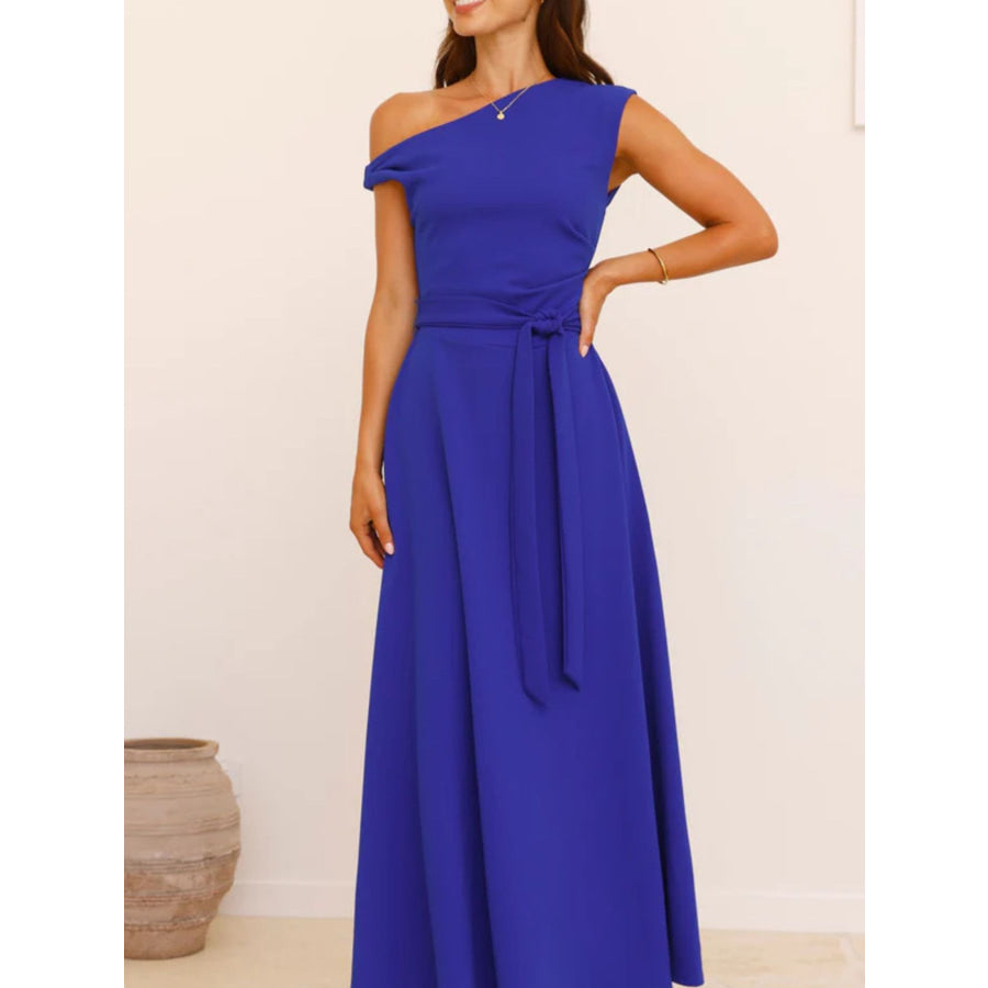 Single Shoulder Tie Waist Maxi Dress Blue / S Apparel and Accessories