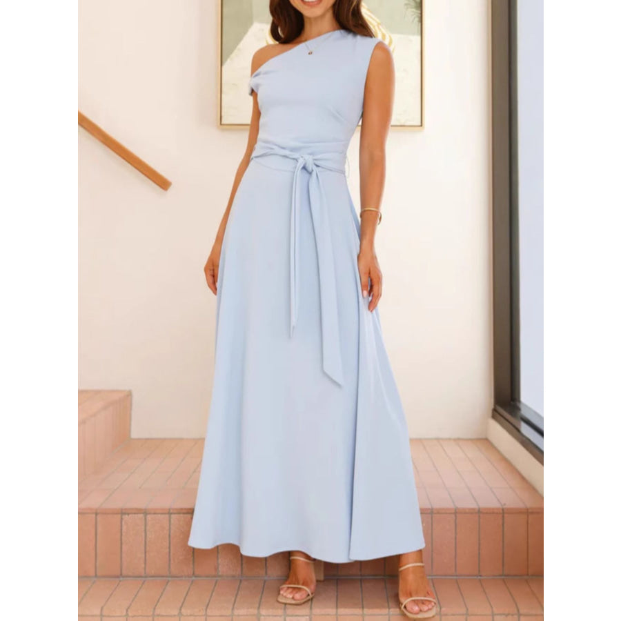 Single Shoulder Tie Waist Maxi Dress Light Blue / S Apparel and Accessories