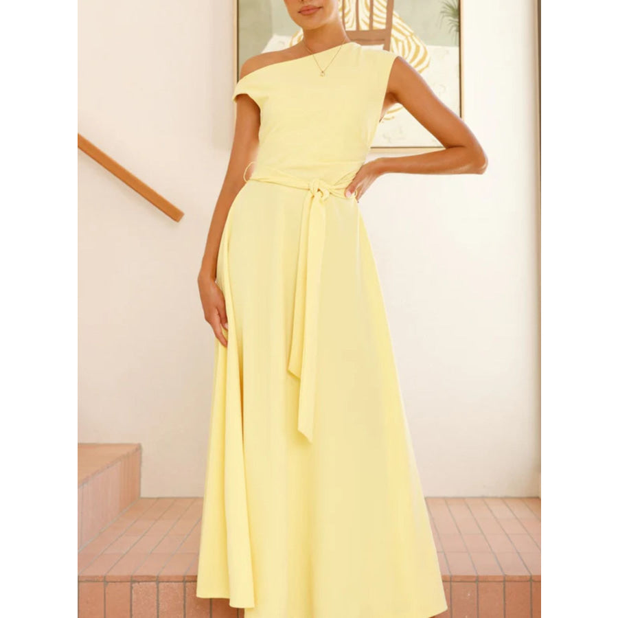 Single Shoulder Tie Waist Maxi Dress Light Yellow / S Apparel and Accessories