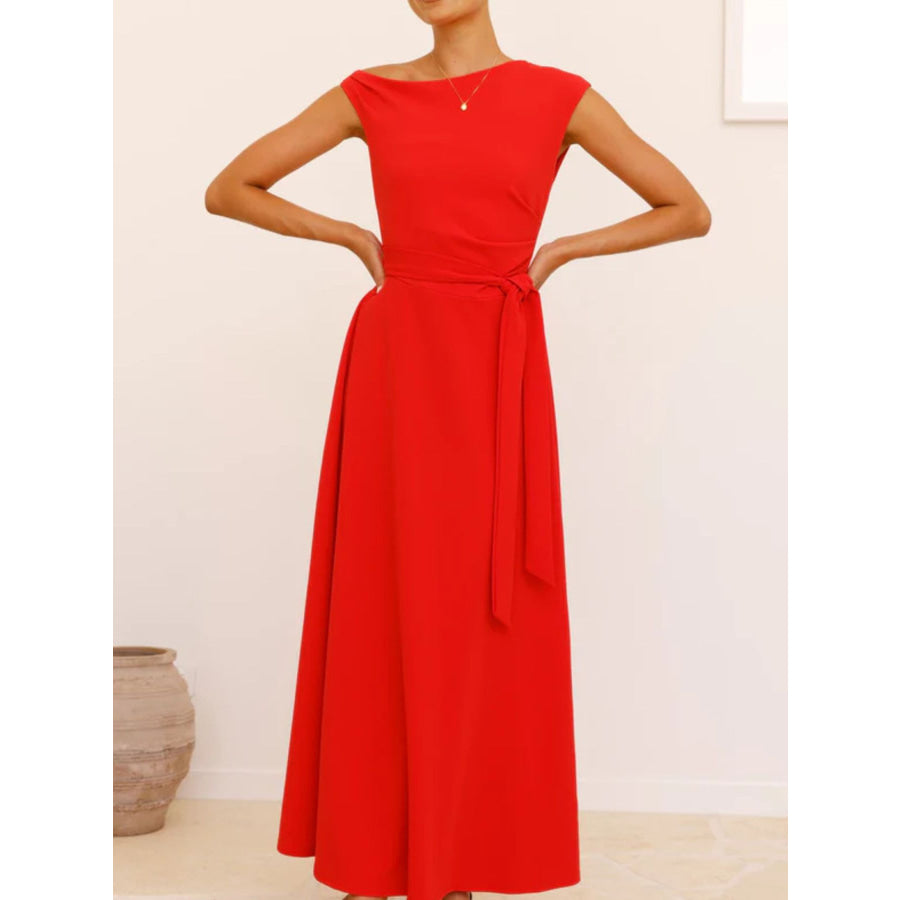 Single Shoulder Tie Waist Maxi Dress Red / S Apparel and Accessories