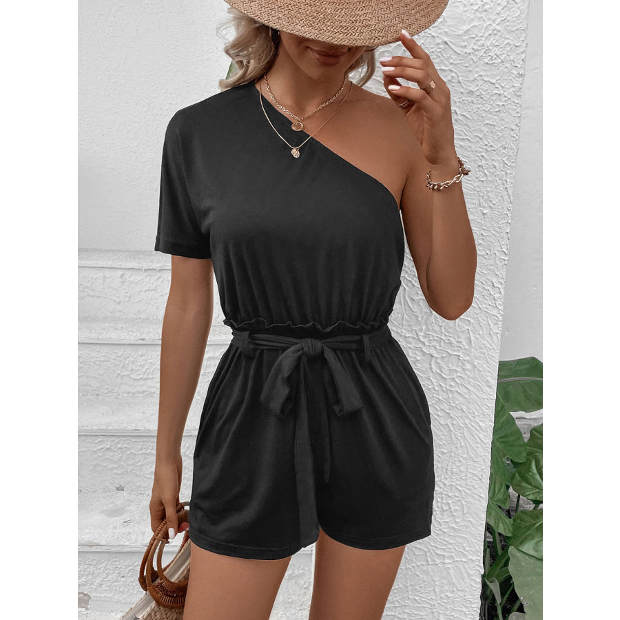 Single Shoulder Tie Waist Romper Apparel and Accessories
