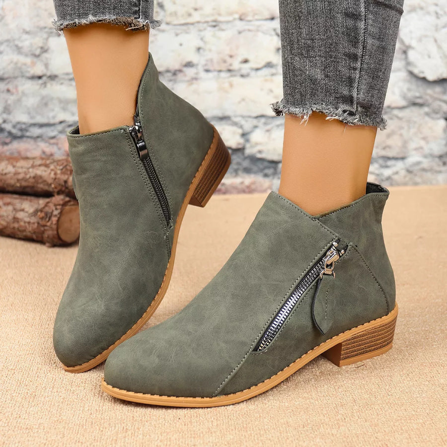 Size Zipper Block Heels Boots Army Green / 36 Apparel and Accessories