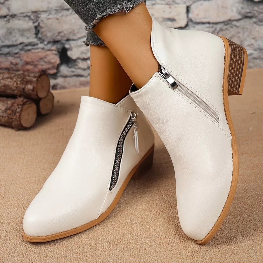 Size Zipper Block Heels Boots White / 36 Apparel and Accessories
