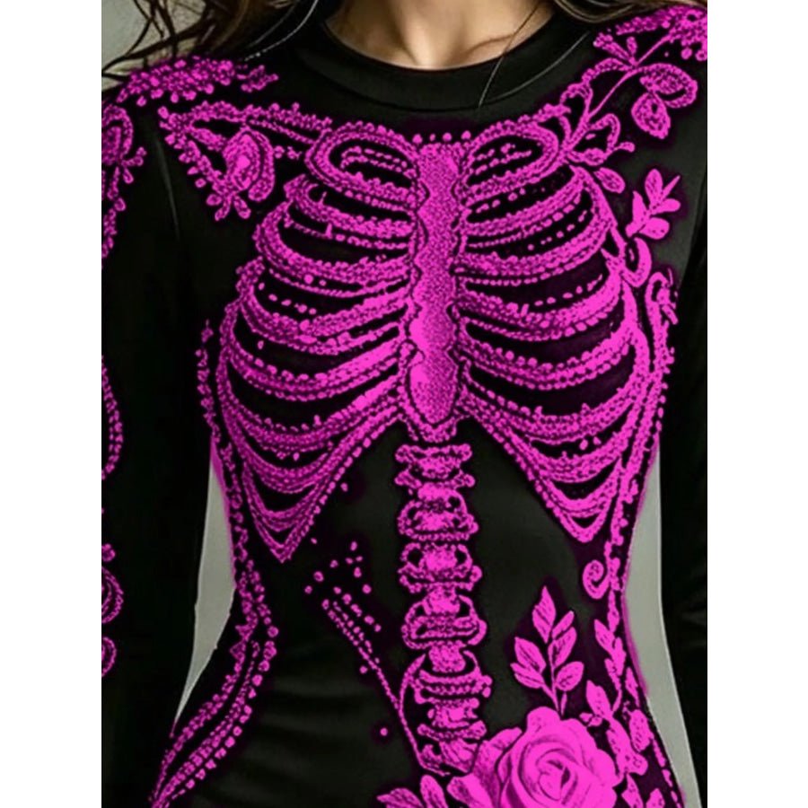 Skeleton Floral Long Sleeve Bodycon Dress Apparel and Accessories
