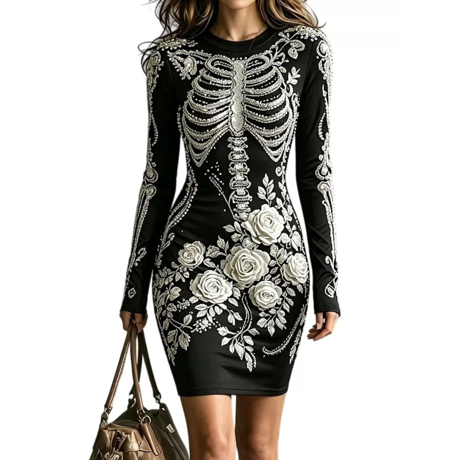 Skeleton Floral Long Sleeve Bodycon Dress Apparel and Accessories