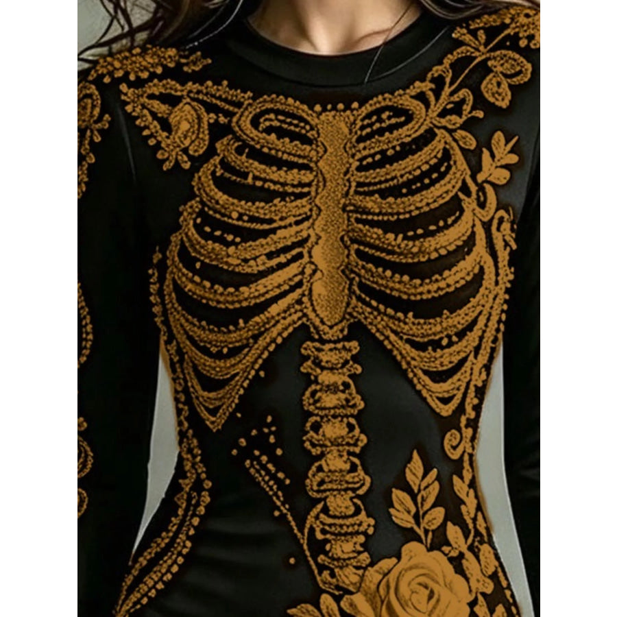 Skeleton Floral Long Sleeve Bodycon Dress Apparel and Accessories