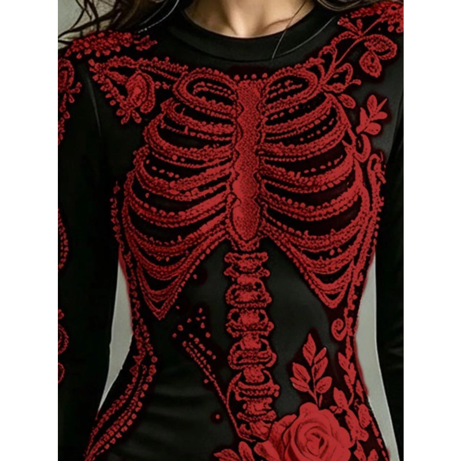 Skeleton Floral Long Sleeve Bodycon Dress Apparel and Accessories