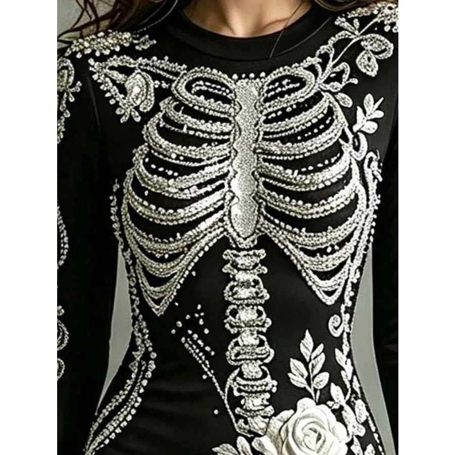 Skeleton Floral Long Sleeve Bodycon Dress Apparel and Accessories