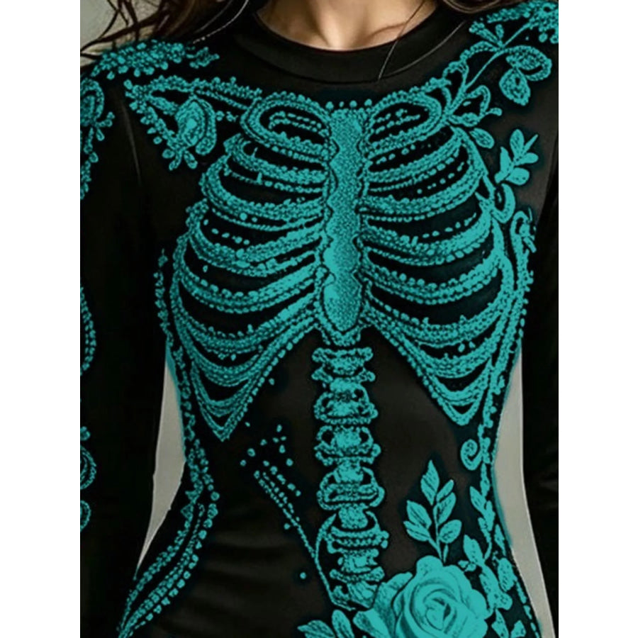 Skeleton Floral Long Sleeve Bodycon Dress Apparel and Accessories