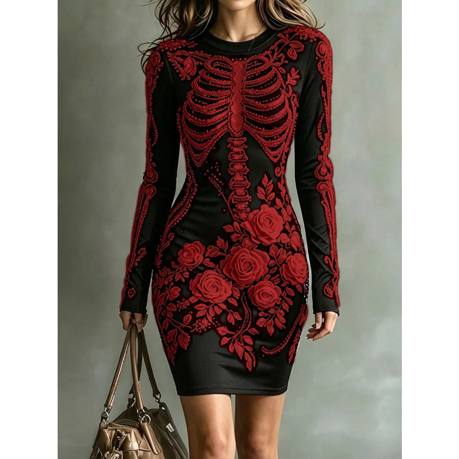 Skeleton Floral Long Sleeve Bodycon Dress Dark Red / XS Apparel and Accessories