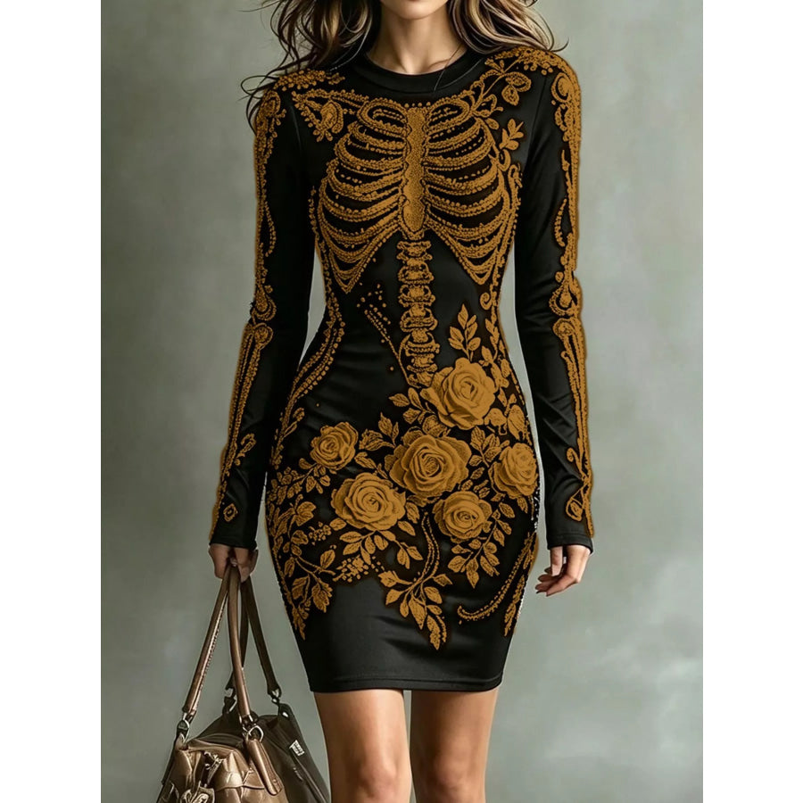 Skeleton Floral Long Sleeve Bodycon Dress Gold / XS Apparel and Accessories