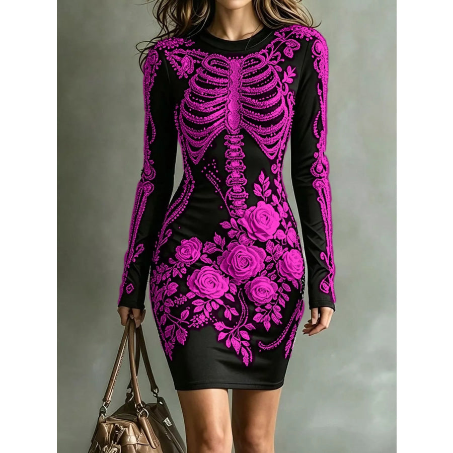Skeleton Floral Long Sleeve Bodycon Dress Magenta / XS Apparel and Accessories
