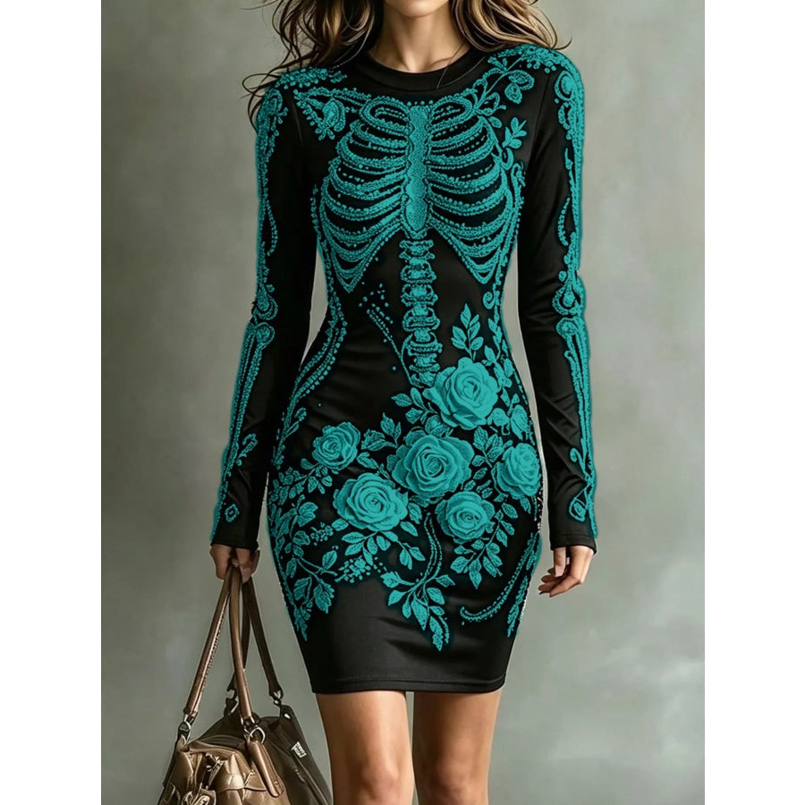 Skeleton Floral Long Sleeve Bodycon Dress Teal / XS Apparel and Accessories