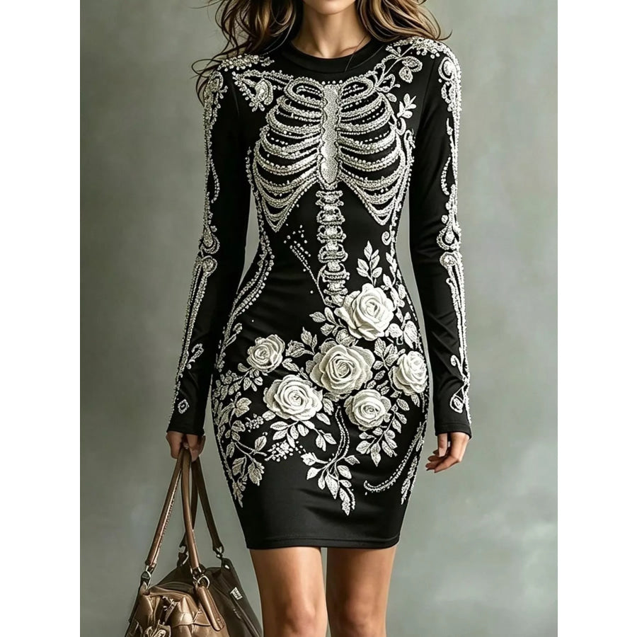 Skeleton Floral Long Sleeve Bodycon Dress White / XS Apparel and Accessories