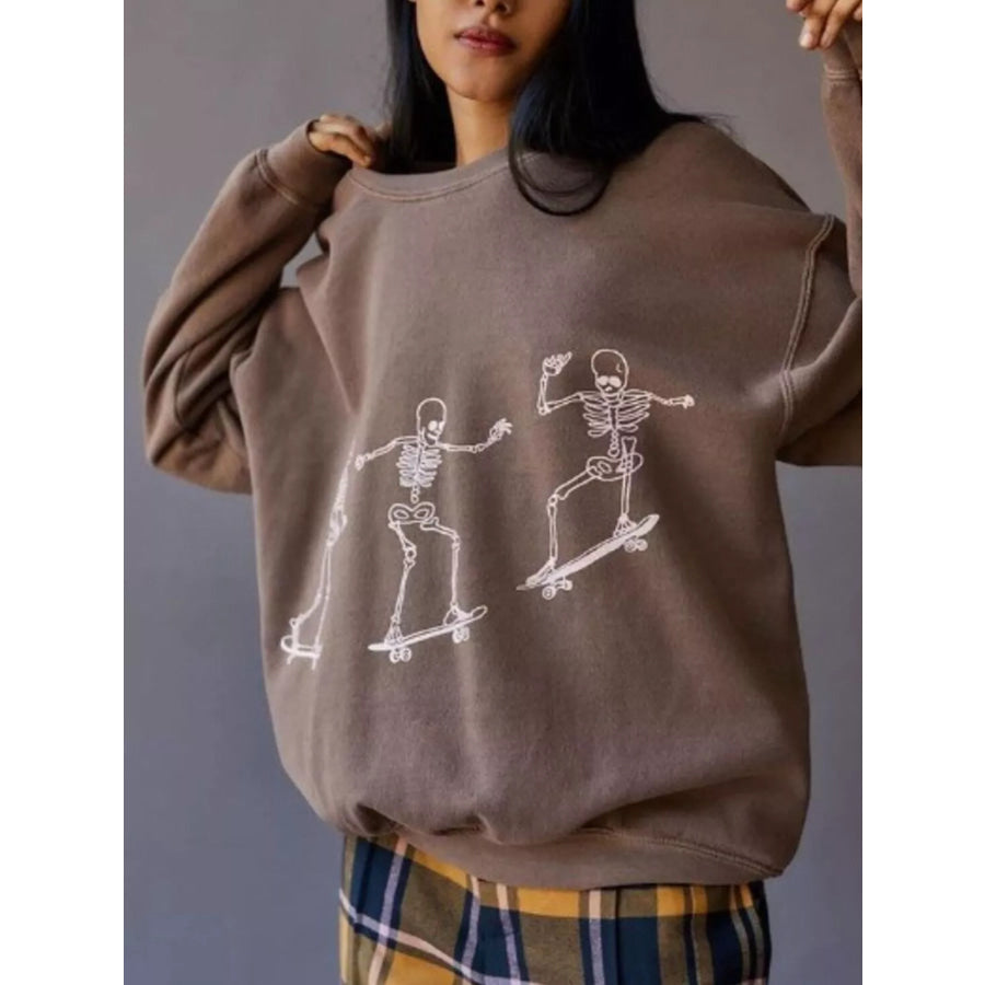 Skeleton Graphic Round Neck Sweatshirt Coffee Brown / S Apparel and Accessories