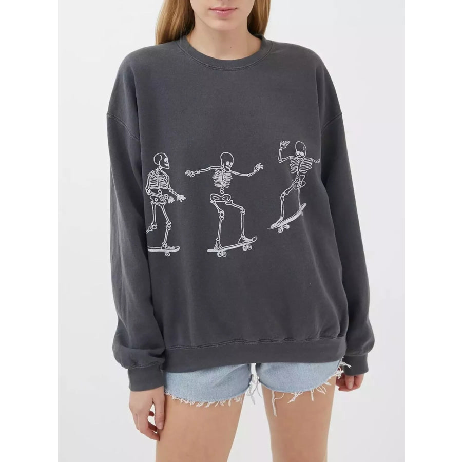 Skeleton Graphic Round Neck Sweatshirt Gray / S Apparel and Accessories