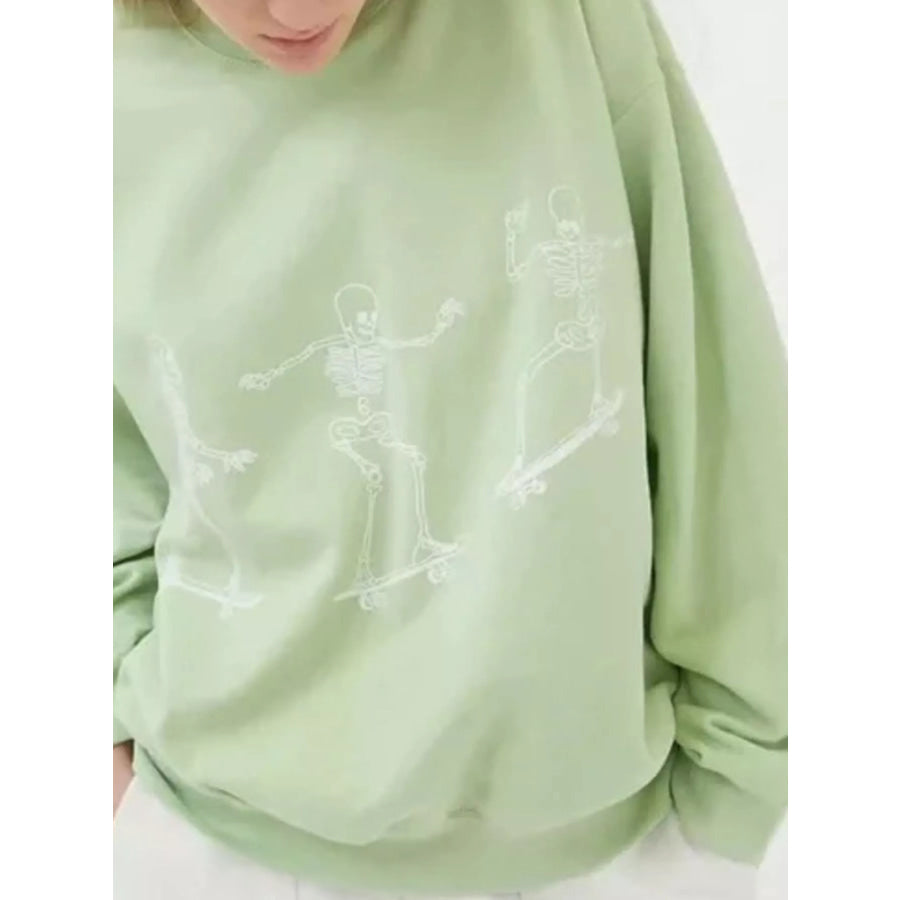 Skeleton Graphic Round Neck Sweatshirt Light Green / S Apparel and Accessories