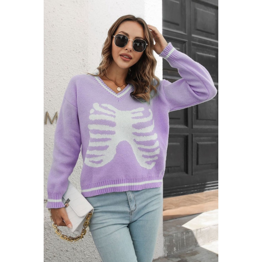 Skeleton Pattern V-Neck Long Sleeve Pullover Sweater Lavender / S