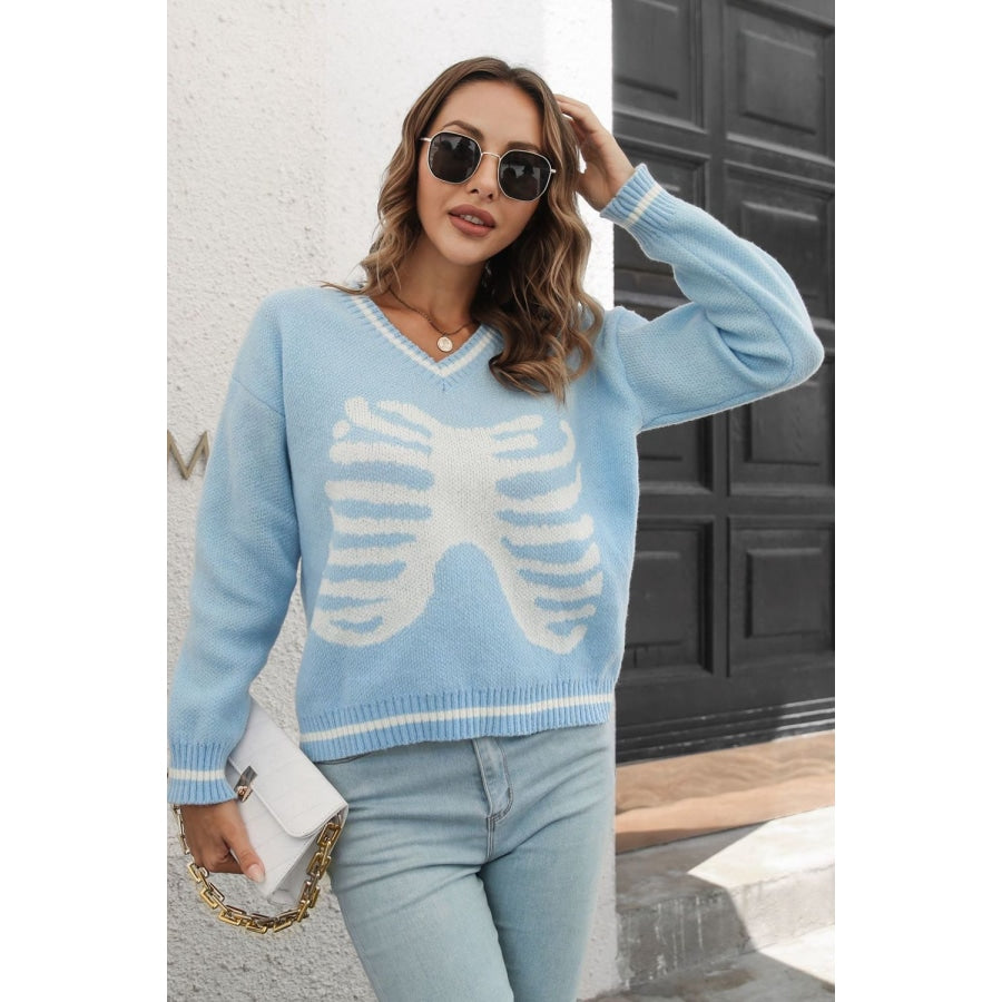 Skeleton Pattern V-Neck Long Sleeve Pullover Sweater Pastel Blue / S