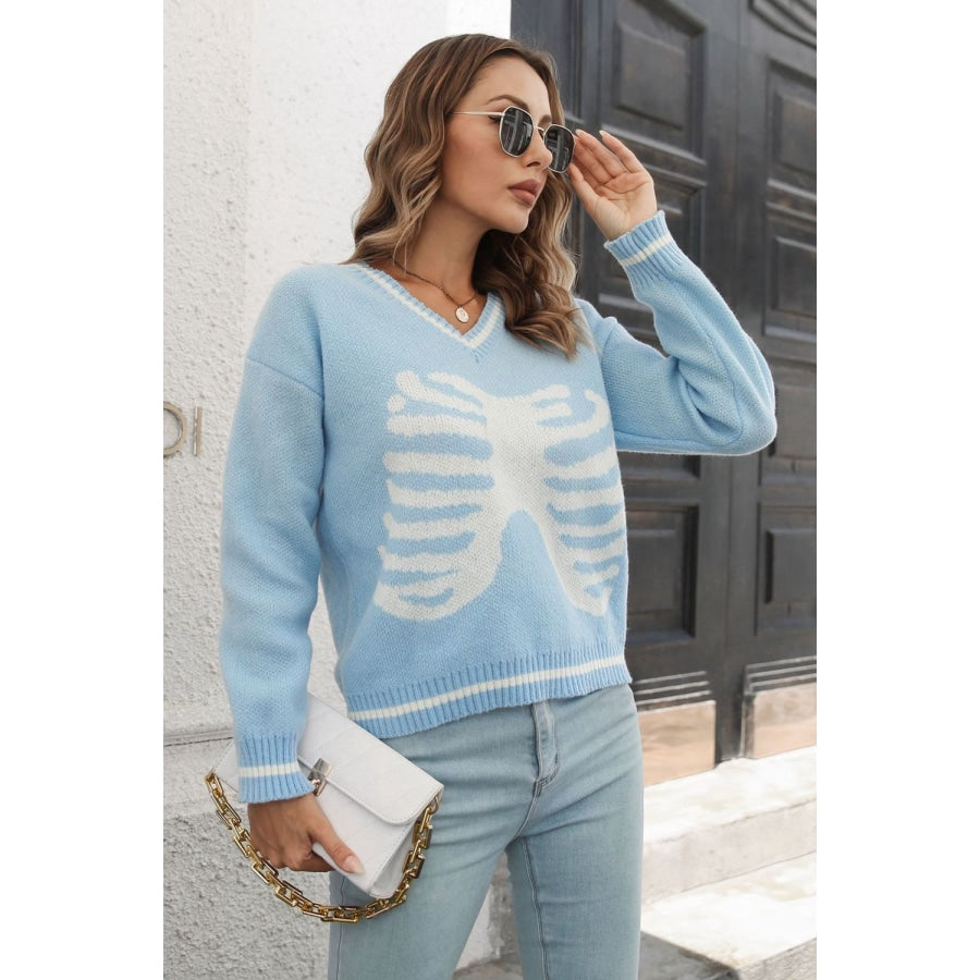 Skeleton Pattern V-Neck Long Sleeve Pullover Sweater